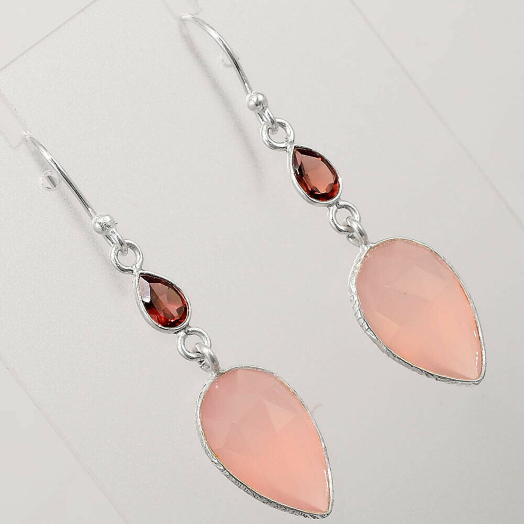 Pink Chalcedony Solid Silver Earrings With Ruby